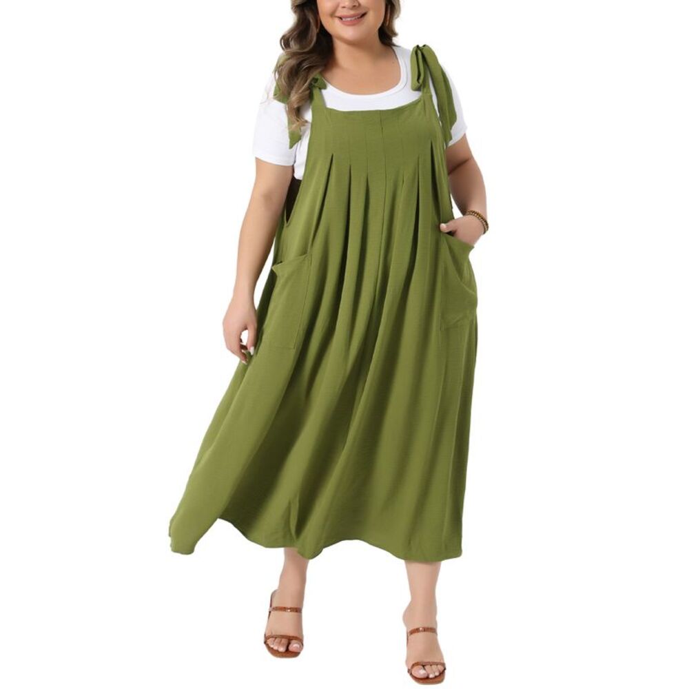 Women Plus Size Pleated with Pockets Tie Strap Pinafore Dress Army Green